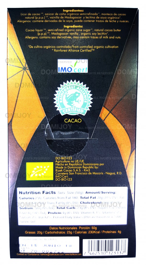 USDA Organic 70% dark Kah Kow chocolate from the Dominican Republic. Crafted with fine cacao beans.